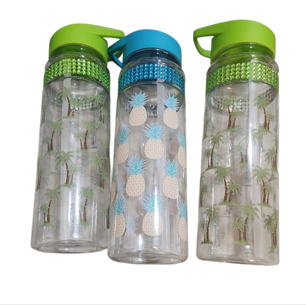 Set of Three Tropical Water Bottles with Green and Blue Lids